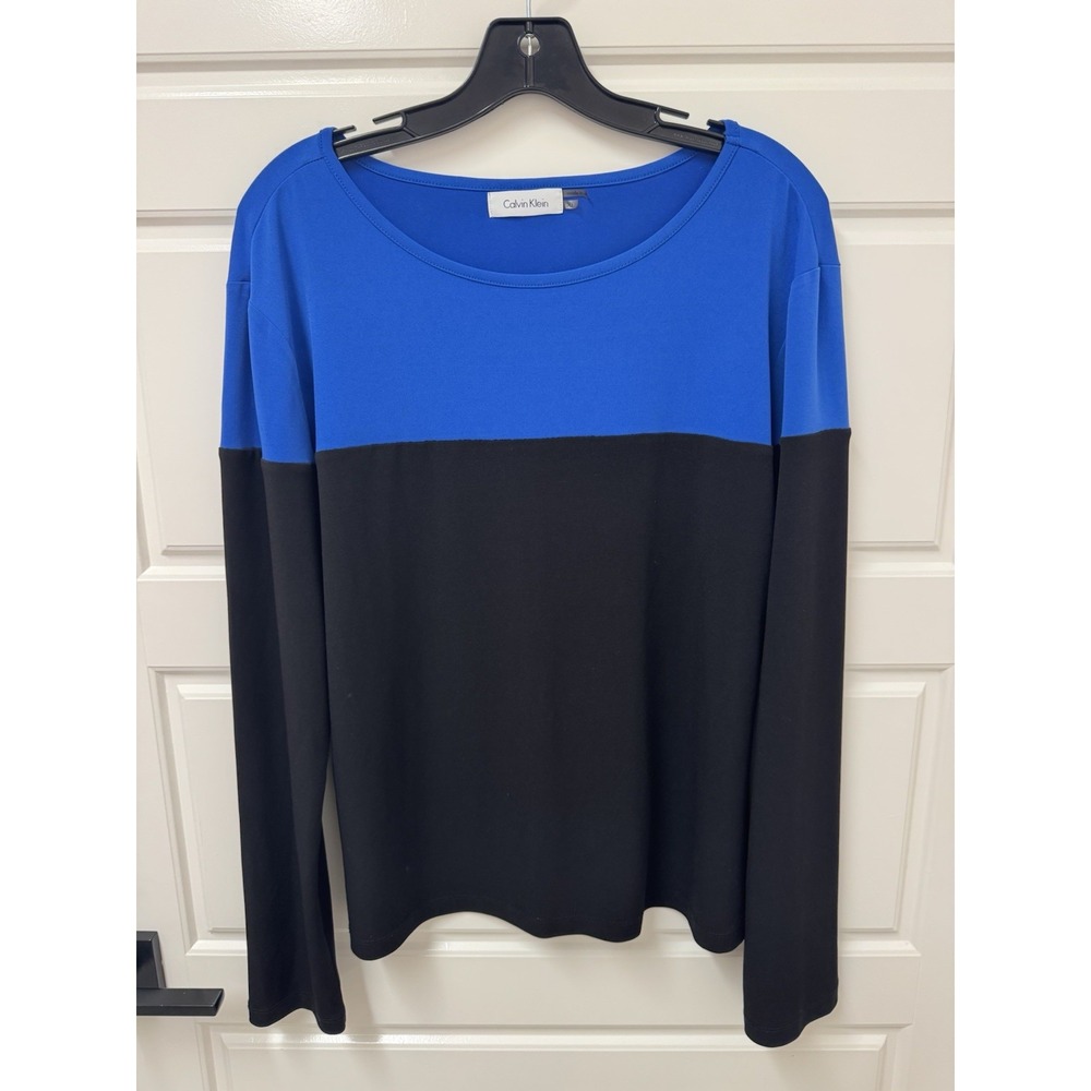 Calvin Klein XL Womens Blouse Blue Black Colorblock Long Sleeve Pullover Top